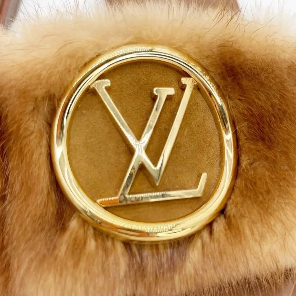 Louis Vuitton Camel Mink Fur Gold LV Logo Lock It Flat Slide Mule Sandals EU 36